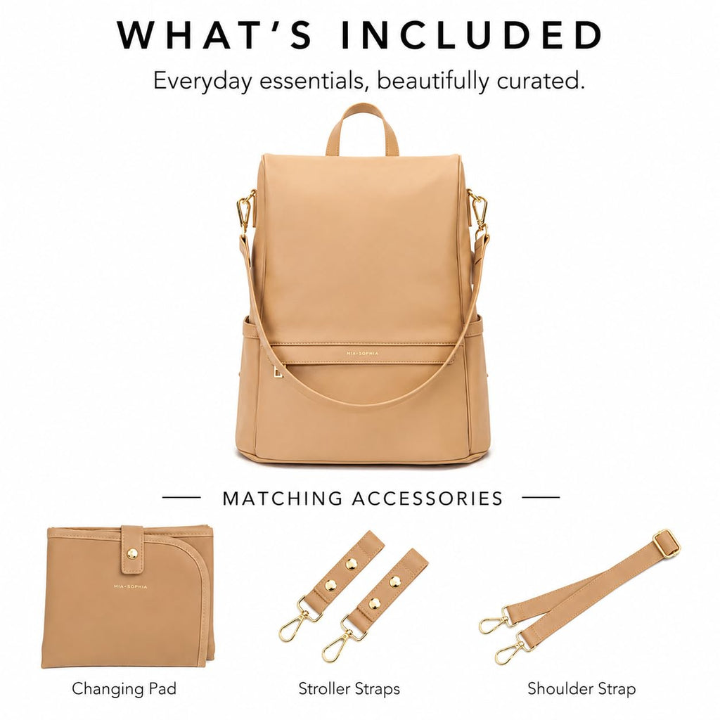 Leather Diaper Bag Backpack with USB Charging port, Changing Pad and Stroller Straps (Brown Mia)