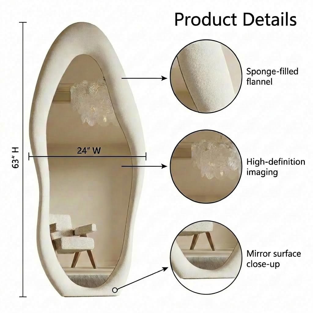 Full Length Mirror, 63" x 24" Wall Mirror, Irregular Wavy Full Body Mirror with Flannel Wrapped Wooden Frame, Hanging
