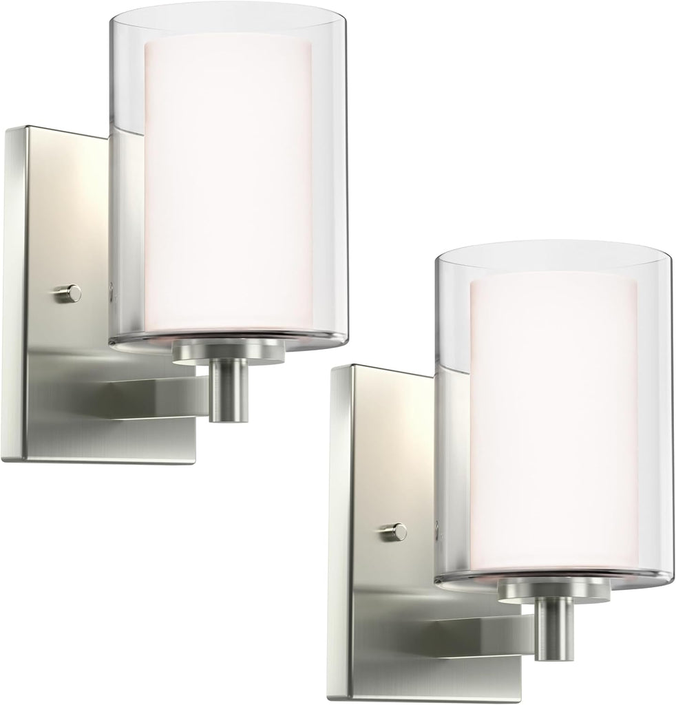 Wall Sconces Set of Two, Modern Brushed Nickel Vanity Wall Lights | Double Clear Glass Shades With E26 Base