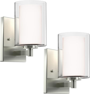 Wall Sconces Set of Two, Modern Brushed Nickel Vanity Wall Lights | Double Clear Glass Shades With E26 Base