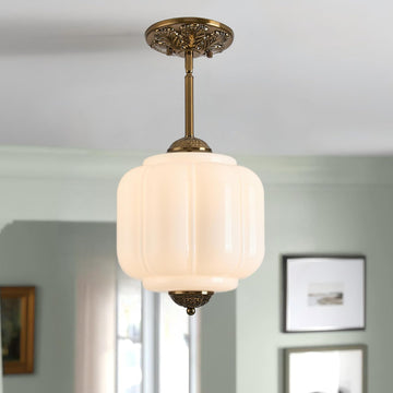 Milk Glass Ceiling Light Fixture, 9.8" Vintage Semi Flush Mount Pendant Light with Antique Brass Finish, Schoolhouse
