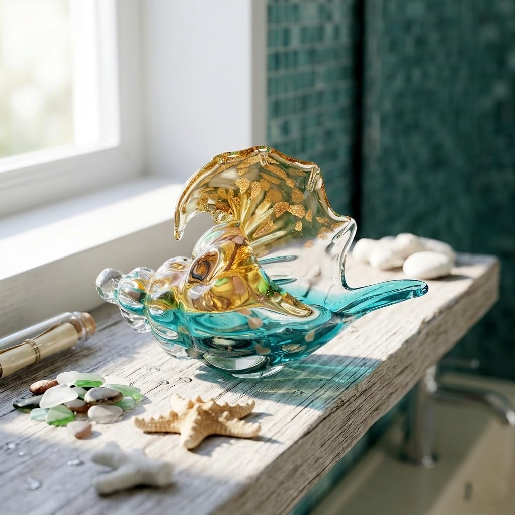 Hand Blown Sea Glass Decor Art - Large Glass Conch Shell, Beach Decorations, Coastal Bathroom & Bedroom Shelf Decor