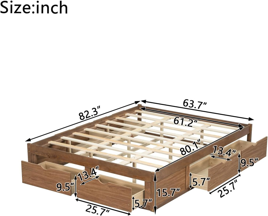 Platform Bed with 6 Storage Drawers, No Headboard (Natural)