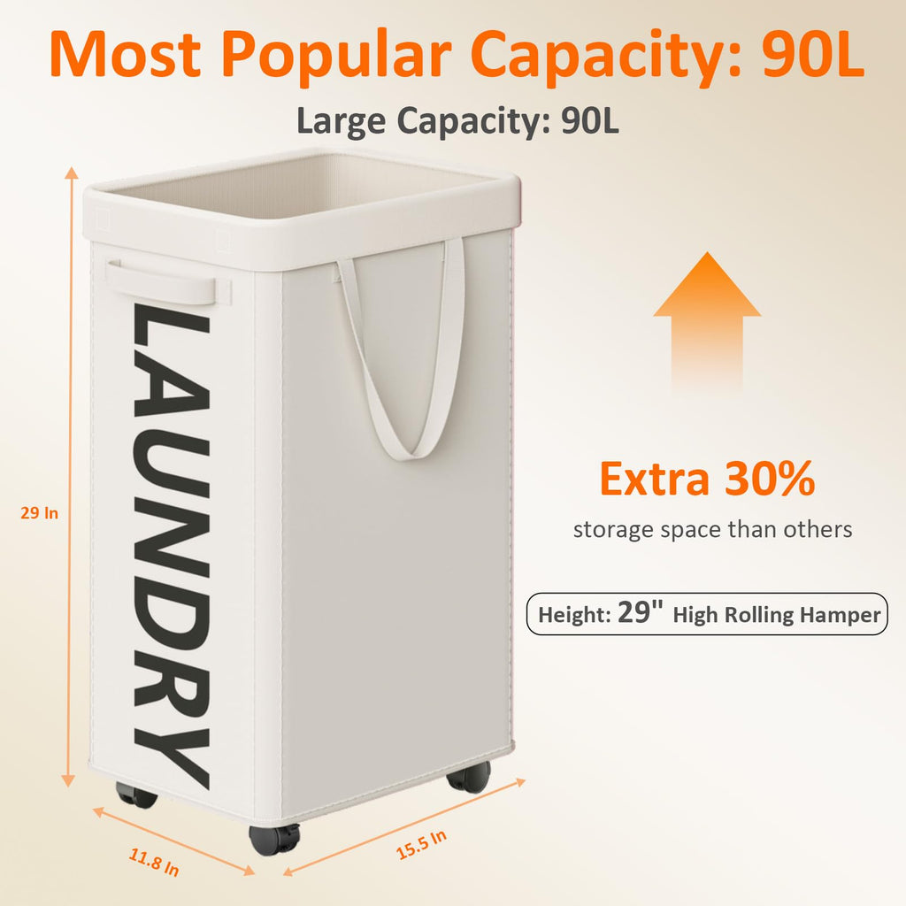 90L Laundry Basket with Wheels, Rolling Hamper with Removable Bag