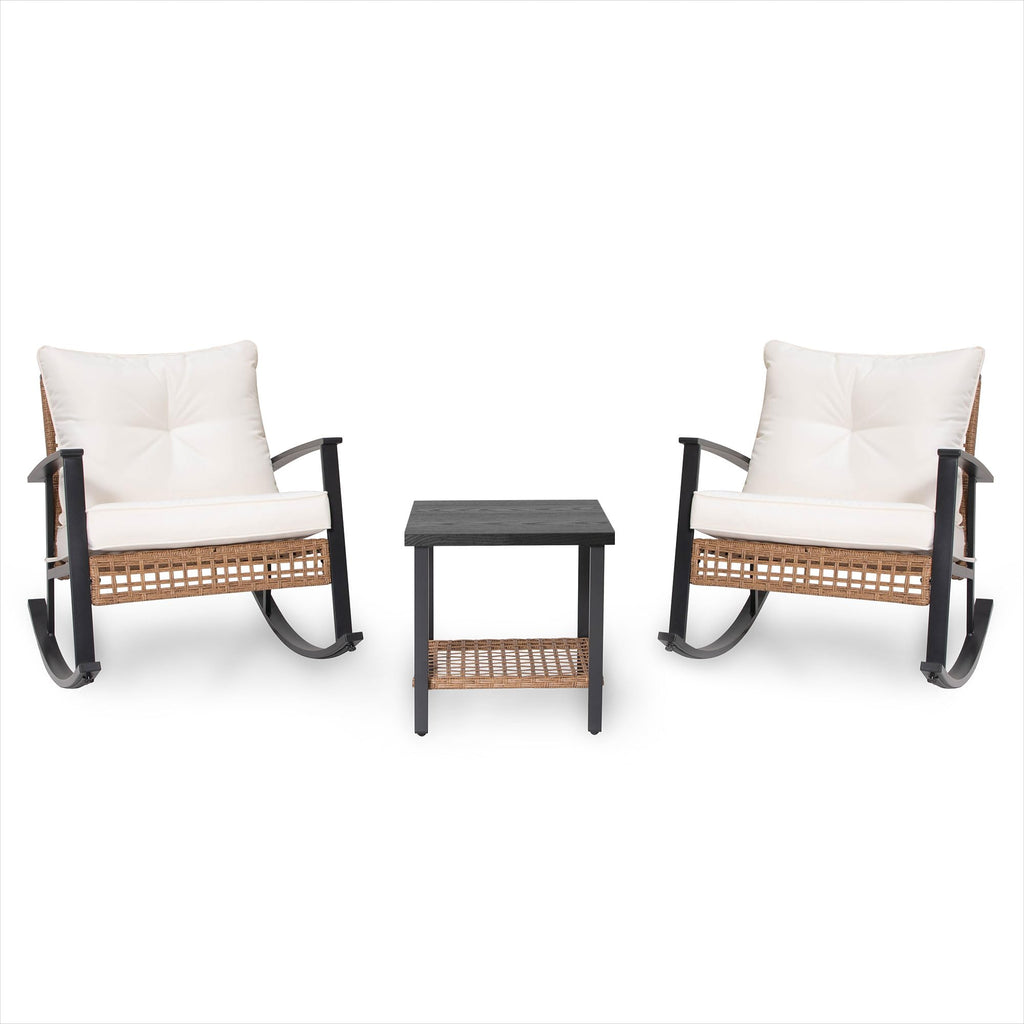 3-Piece Rocking Bistro Set, Outdoor Patio Furniture with Thick Cushions and 2-Tier Coffee Table, Oversize Rattan