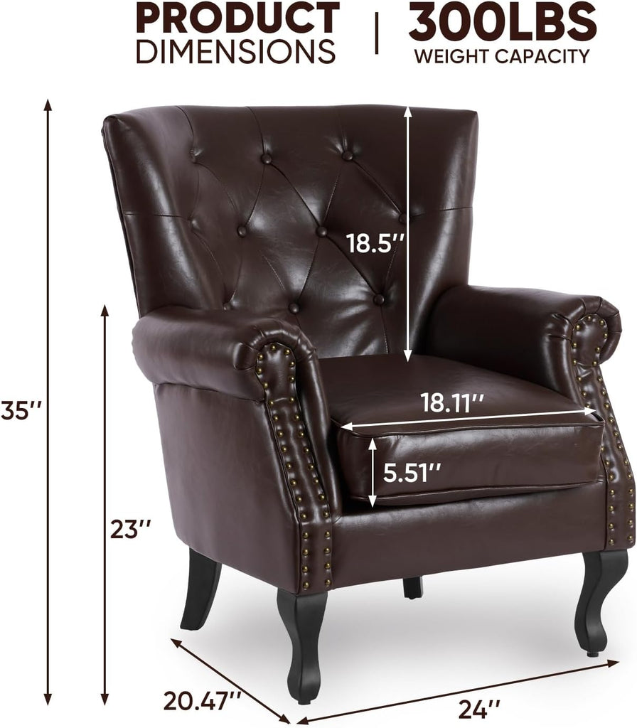 PU Leather Accent Chair, Mid-Century Modern Armchair Living Room Club Chair with Tufted Button & Rivet Trim