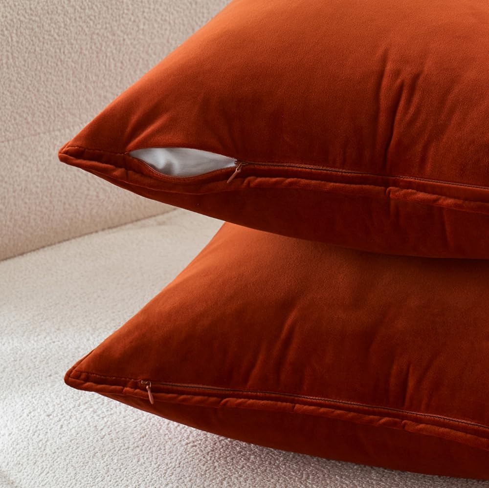 Fall Decorative Burnt Orange Velvet Throw Pillow Covers 20x20 Inch