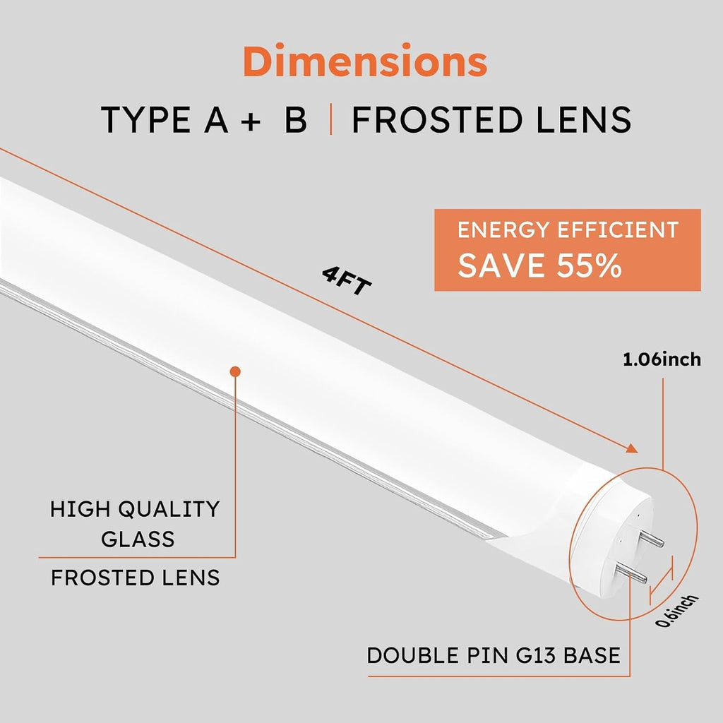 T8 LED Tube Lights 4ft, 48 Inch Fluorescent Replacement Bulbs, 6500K Daylight White Light, Hybrid Type A+B
