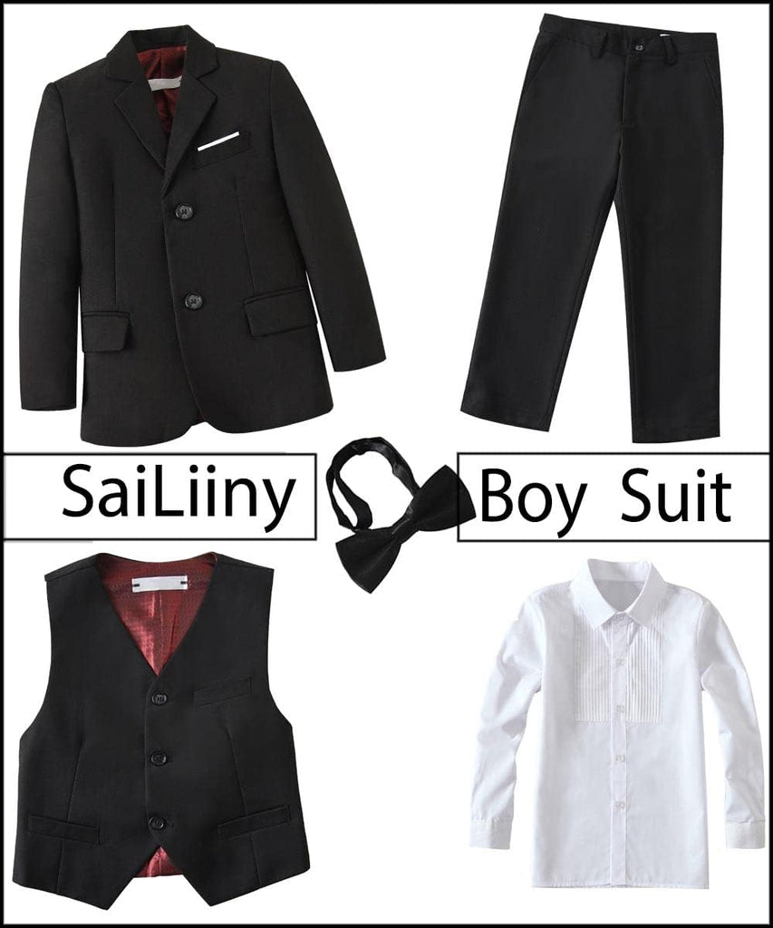 Boys Formal Suits 5 Pieces Slim Fit Toddler Tuxedo with Adjustable Waist