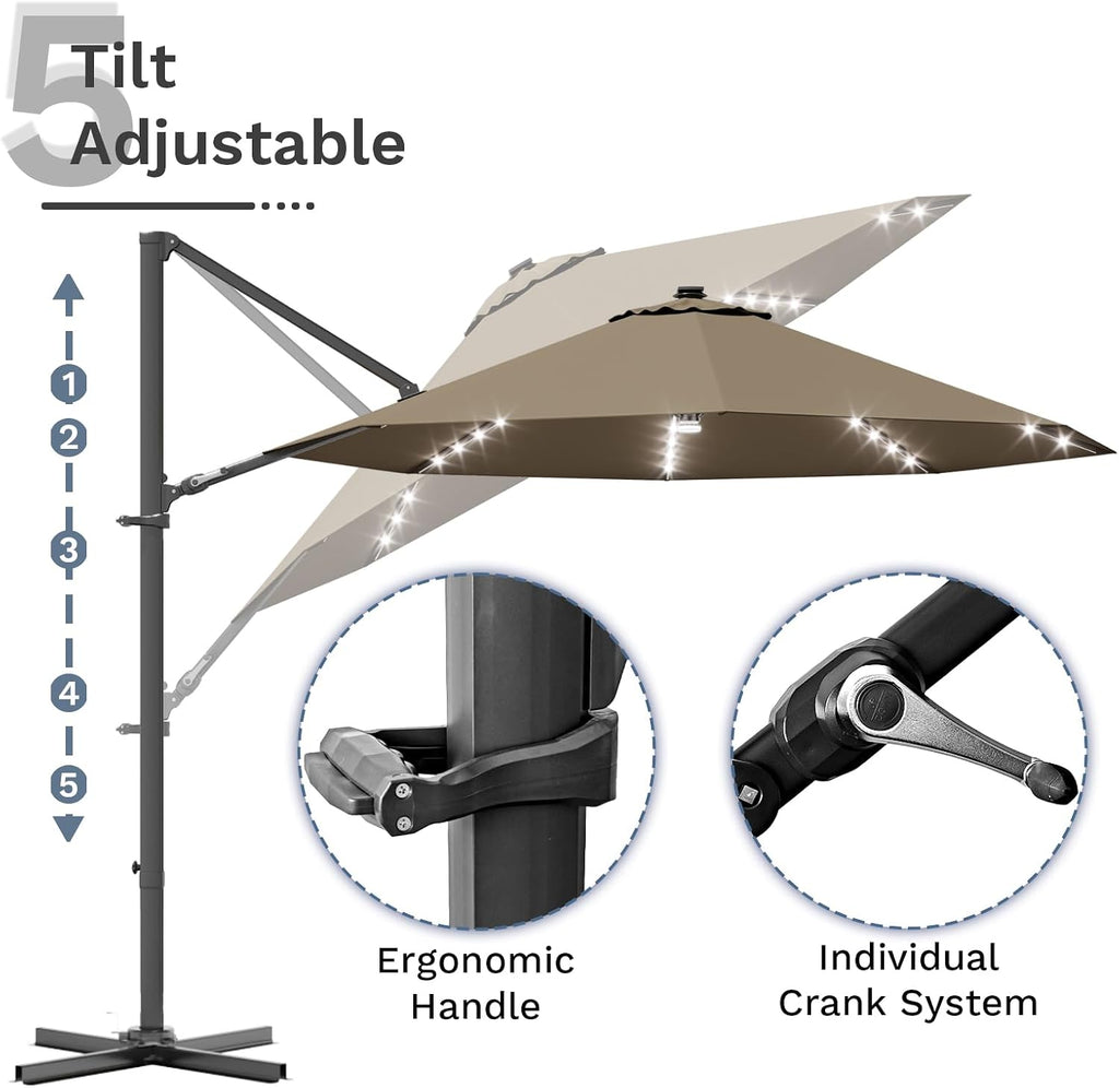 10ft Solar LED Patio Umbrella, Round Cantilever Outdoor Umbrella with Solar Lights and 360-Degree Rotation
