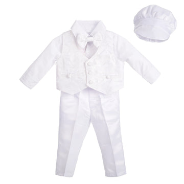 Baby Boys White Suit Christening Clothing with Bonnet Baptism Outfits Long Sleeve Floral Months