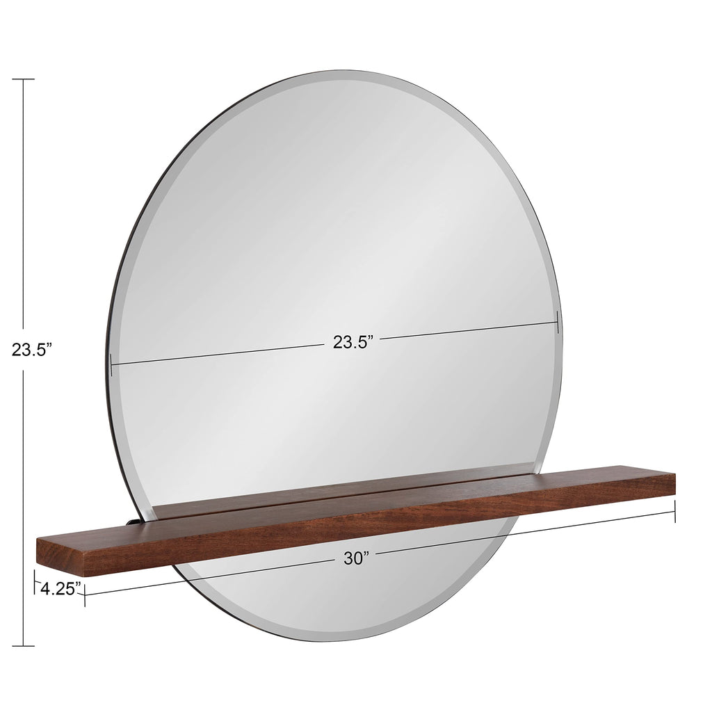 Fossett Frameless Round Wall Mirror, 24 Inch Diameter, Walnut Brown, Decorative Functional Mirror with Shelf