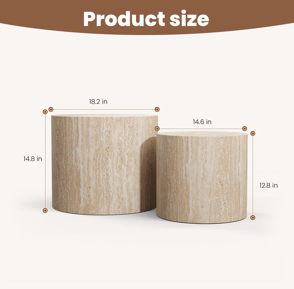 Round Nesting Coffee Set of 2, Wood Side, Travertine