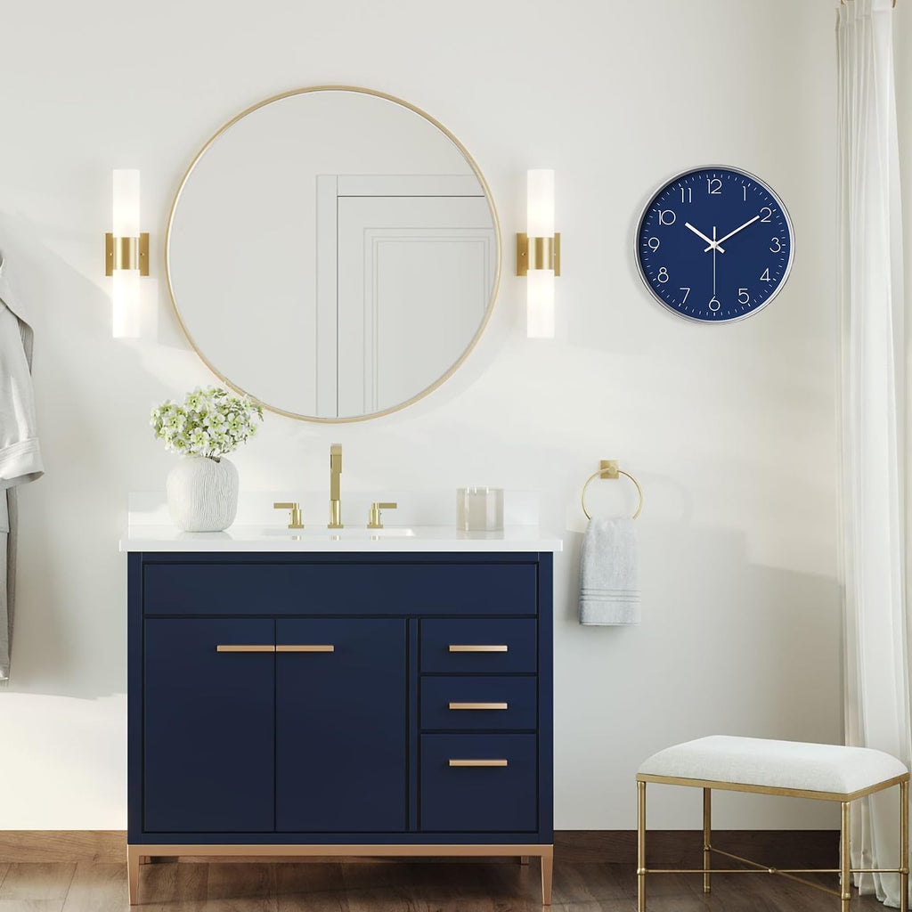 Navy Blue Modern Wall Clock Decor, 14 Inch Large Wall Clock Silent Battery Operated, Classic Round Analog Clock