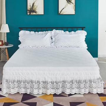Lace Trimmed Elastic Bed Wrap, Dust Ruffle Bedskirt, White (White, Queen)