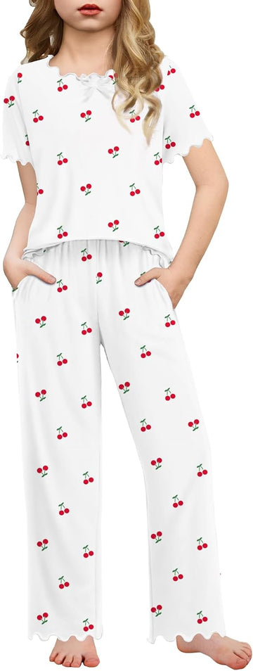 Girls Pajamas Short Sleeve Long Pant Sleepwear Soft Shirring Pjs