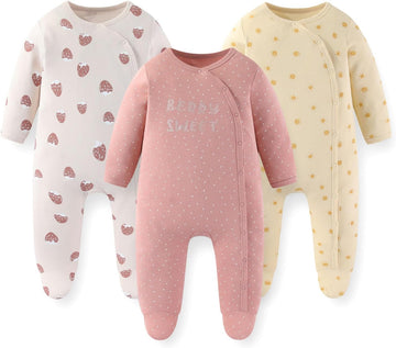 3 Pack Long Sleeve Baby Footed Rompers