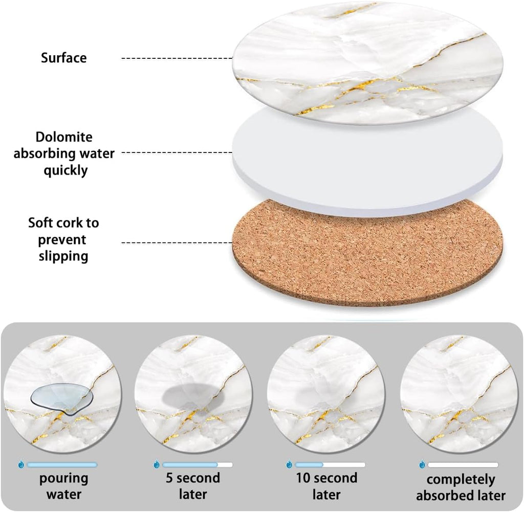 Ceramic Coasters with Holder Absorbent Drink Coasters Round Ceramic Table Coasters Set Decorative Coffee Cup - Set of 6