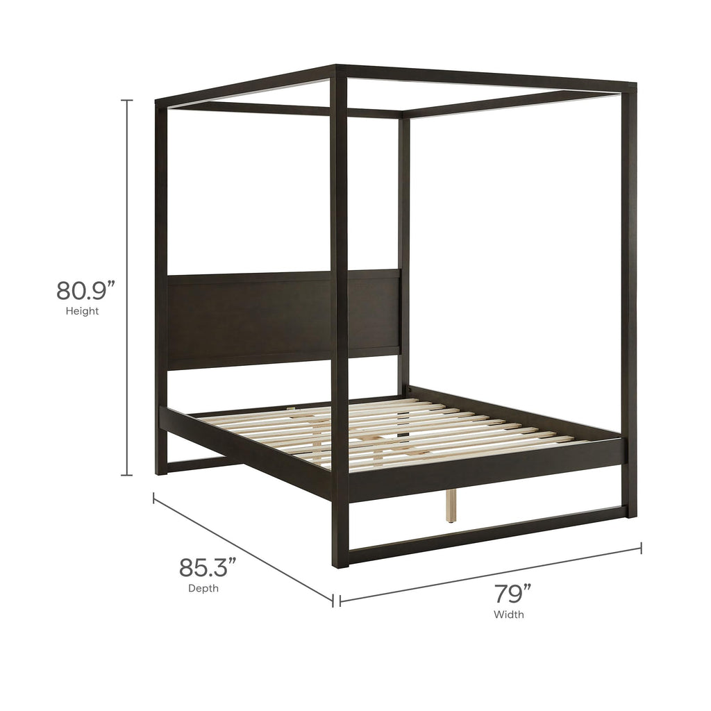 Alva 4-Post Wood Platform Canopy Bed in Smoked Oak - with Headboard and Solid Rubberwood Frame