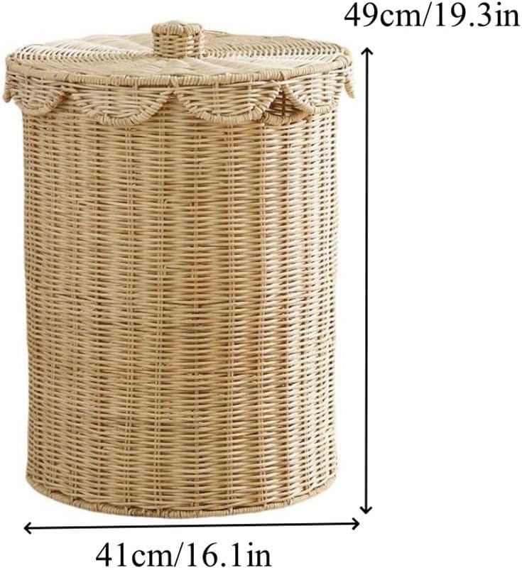 Woven Rattan Storage Basket with Lid, Round Laundry Hamper with Metal Frame | Handmade Rattan Basket for Clothes