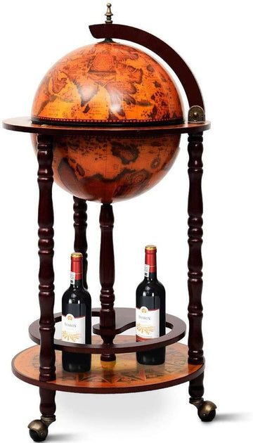 17" Wooden Globe Wine Rack, Wooden Globe Wine Bar Stand, Freely Movable Stable Liquor Bottle Shelf, Nautical Chart