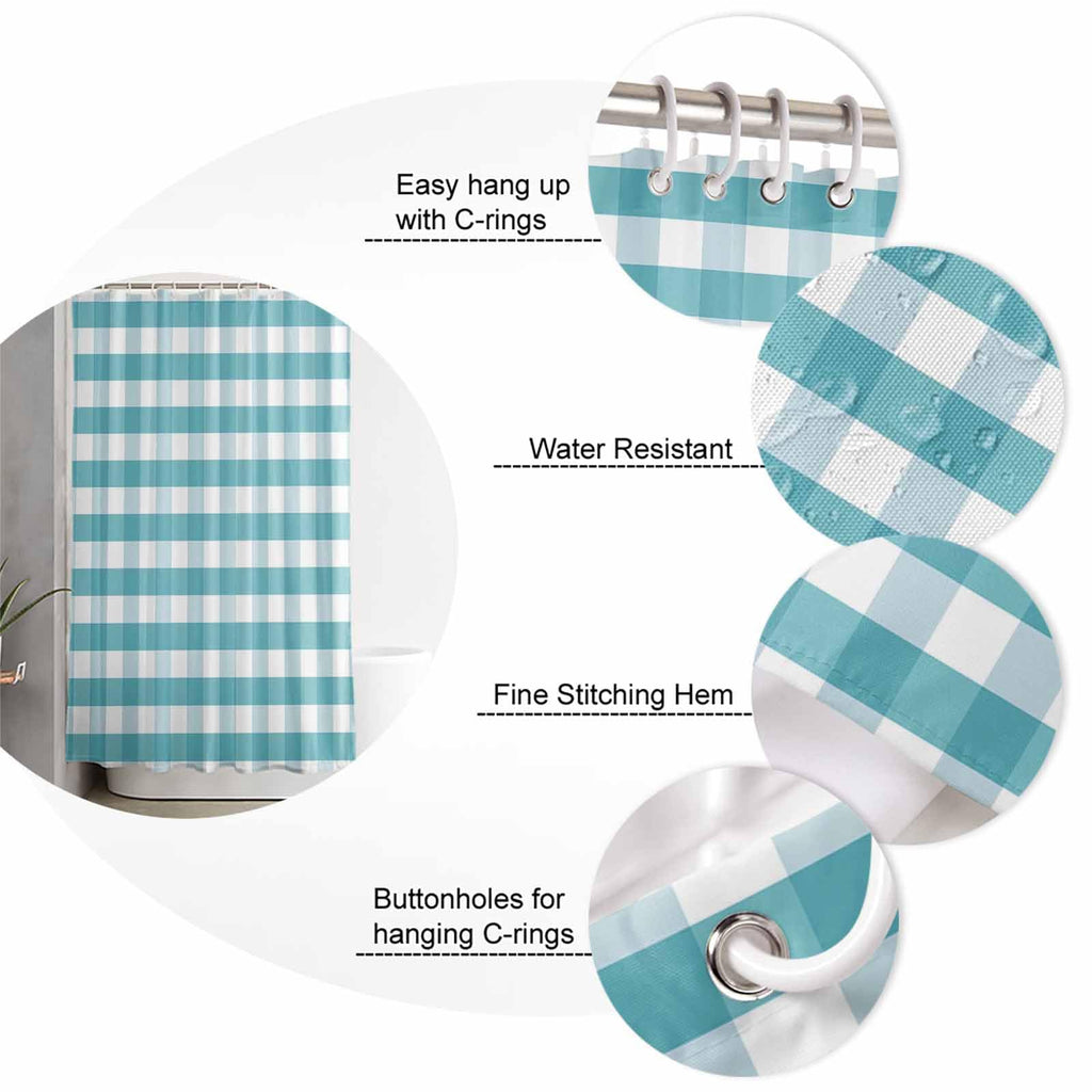 Rustic Teal White Buffalo Check Plaid Pattern, Farmhouse Shower Curtains Set with Hooks, Waterproof Fabric Bathroom