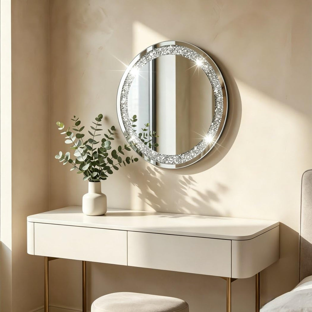 Crystal Crush Diamond Sparkly Round Silver Mirror for Wall Decoration 20x20x1 inch Wall Hang Frameless Bling Stylish