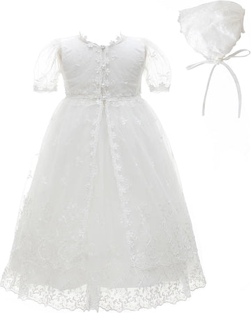Baby Girls Baptism Christening Dress 3Pcs Infant Toddler Floral Embroidered Lace Gown