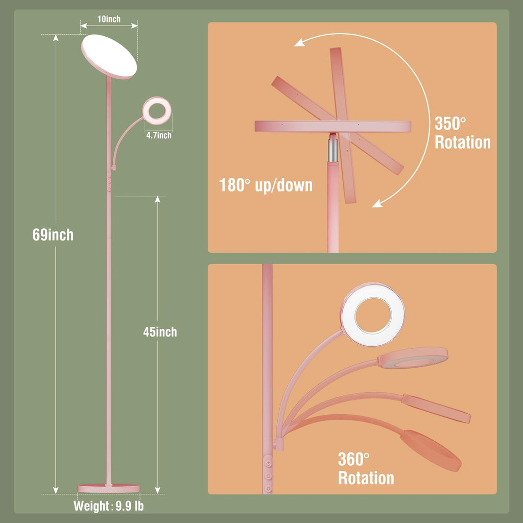 Pink Floor Lamp, 42W Super Bright LED Room Lamp with Adjustable Reading Light, Dimmable Modern Standing Lamp