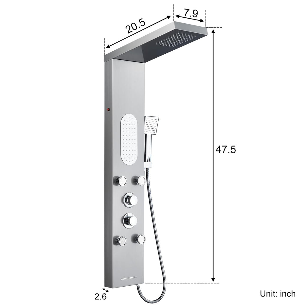 5-Function LED Shower Panel Tower System 4 Jets Stainless Steel