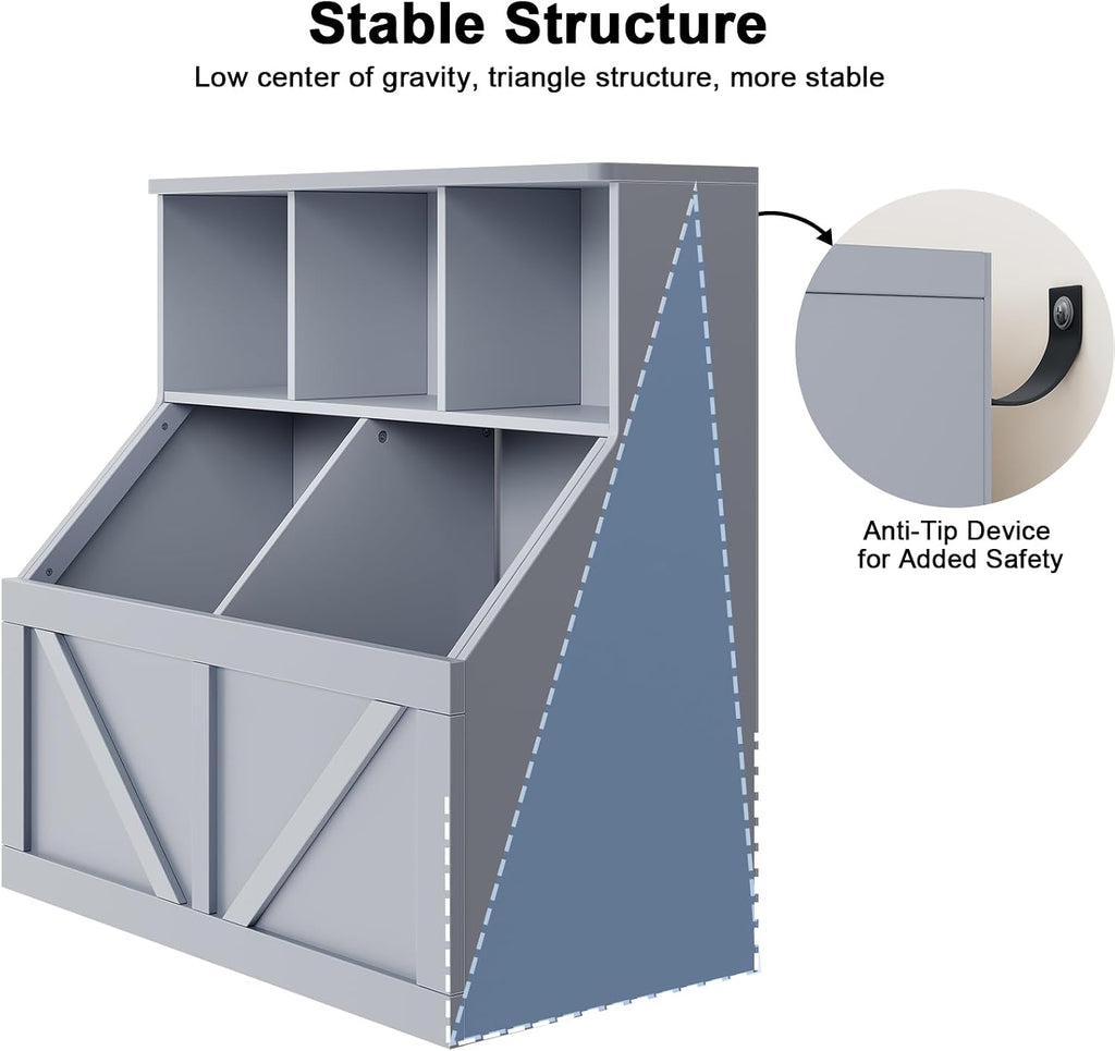 Kids Bookshelf and Toy Storage, Kids Toy Storage Organizer, Grey | Toy Organizer with Storage Cabinet and Cubby