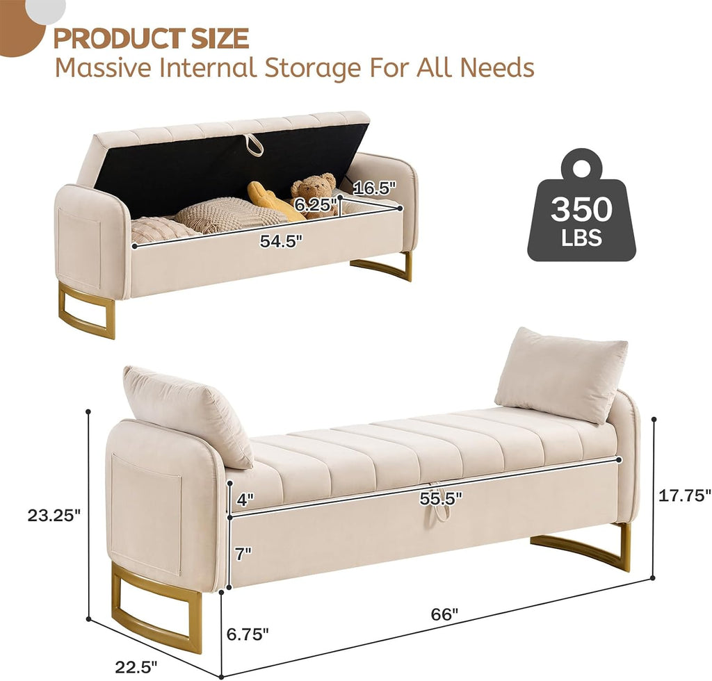 66" End of Bed Storage Bench King Size, Storage Benches , Beige | Velvet Foot of Bed Bech, Upholstered Storage