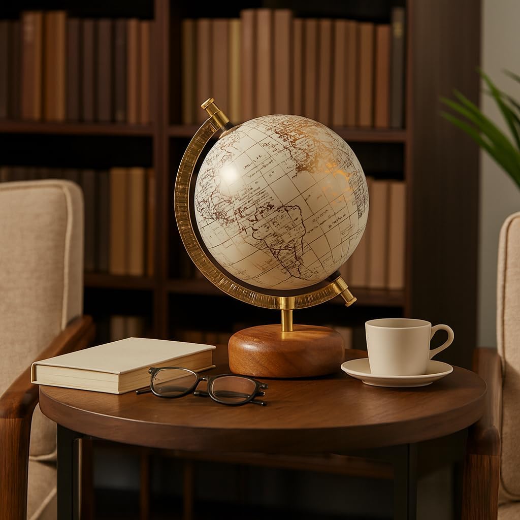 Decorative Globe with Wood Base or Office Decor - Ornament for Desk, Hallway, or Coffee Table - Modern Desktop Globe