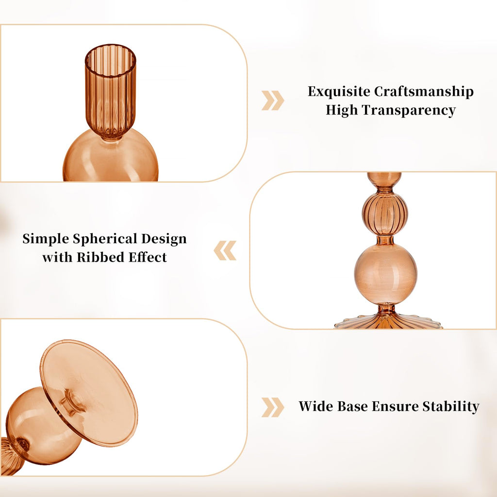 Glass Candlestick Holders, 3 Pcs Amber Unique Taper for Fall Decor
