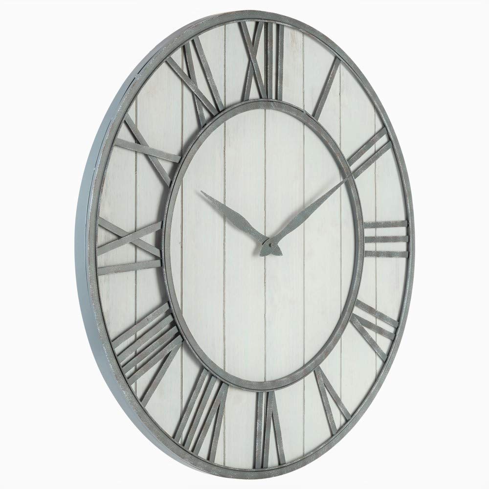 Farmhouse Metal & Solid Wood Noiseless Wall Clock (Whitewash, 36-inch)