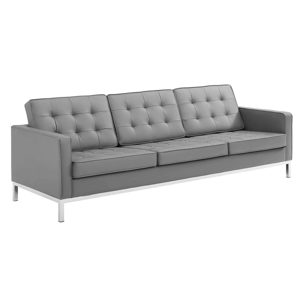 Loft Tufted Button Faux Leather Upholstered Sofa in Silver Gray