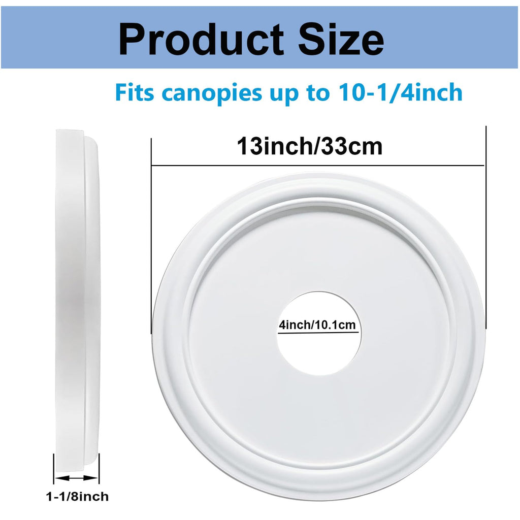 Ceiling Medallion, 2 Pieces Molded PU Light Cover Plate, Hole Cover for Light Fixtures and Ceiling Fans, White, 13"