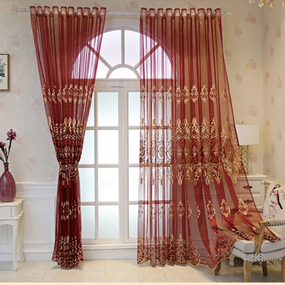 1 Pair European Jacquard Sheer Curtains for Living Room Bedroom Luxury Embroidered Tulle Curtains (Red,52x96 Inch)