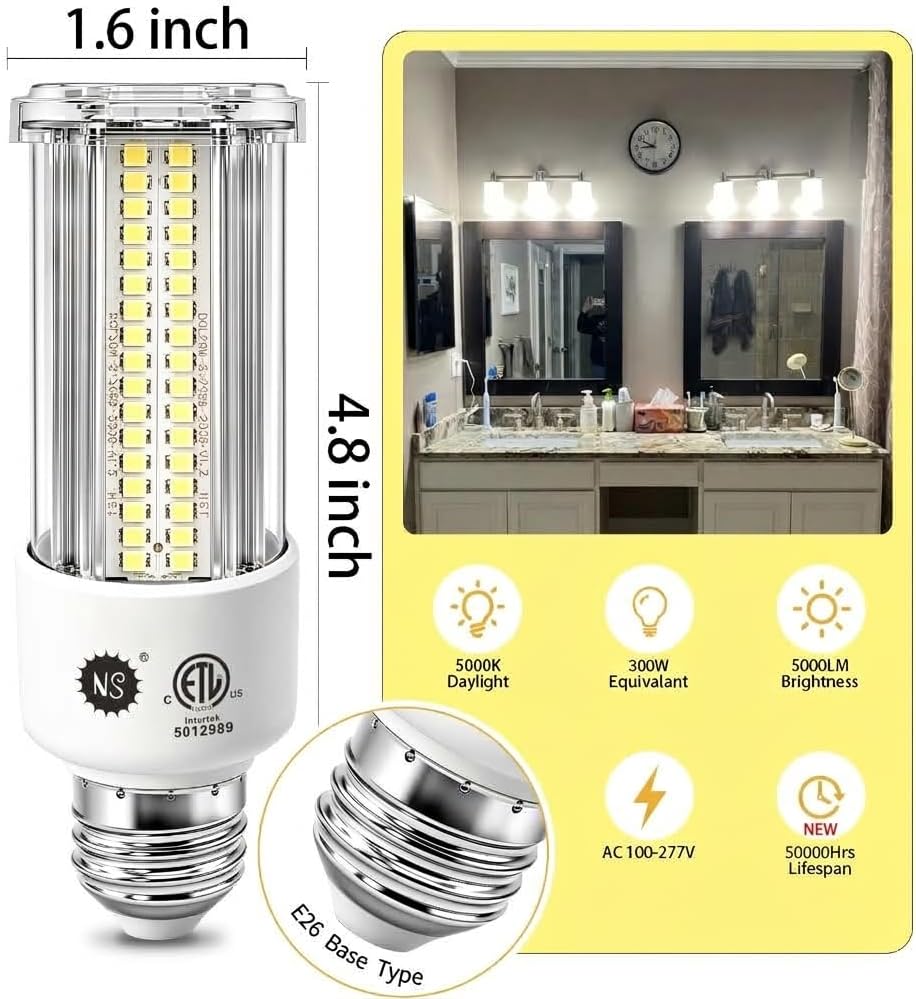 NS 2 Each 300W Equivalent LED Corn Light Bulb 5000 Lumen 5000K 40W Large Area Daylight White E26/E27 Medium Base