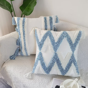 White Blue Boho Decorative Throw Pillow Covers Set of 2, Super Soft Woven Tufted Velvet Pillowcase with Tassel Classic