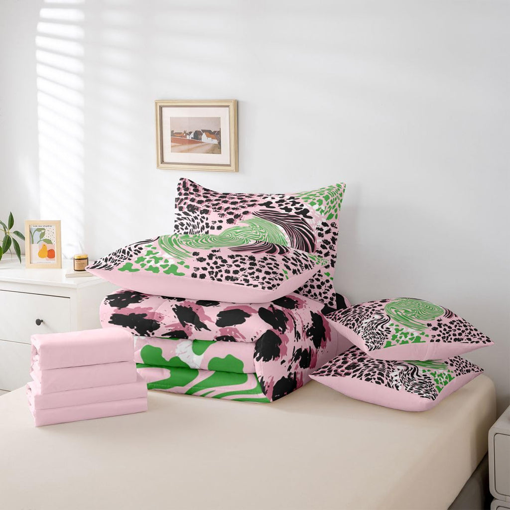 Animal Print Queen Bedding Set Pink Green Black Zebra Leopard Print Comforter Set Girl Women Abstract Swirl 7-Piece