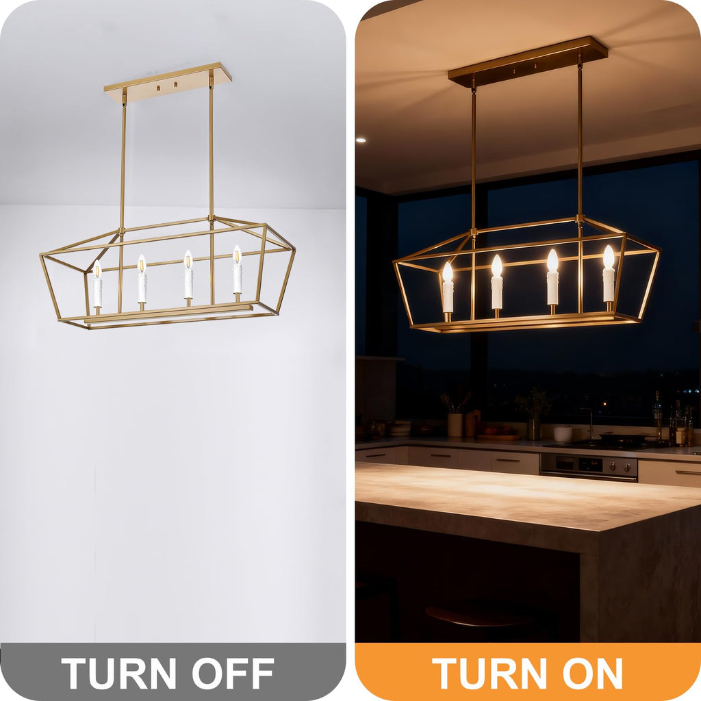 4-Light Gold Kitchen Island Lighting Over Table, Modern Lantern Cage Chandelier Pendant Light Fixture with Height