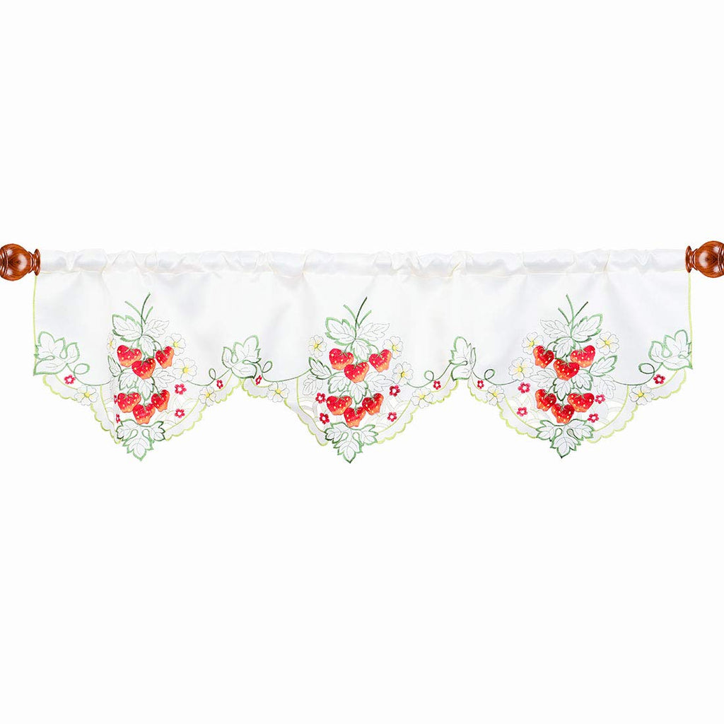 Embroidered Curtain Valance W 57 × L 14 Inches, Spring and Summer Kitchen Window Decorations (Strawberry)