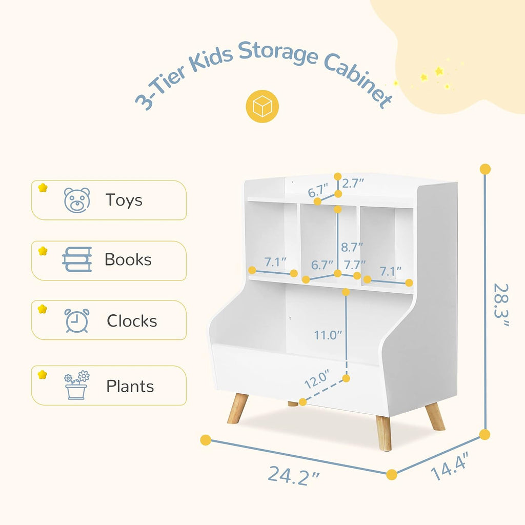 Kids Bookshelf and Toy Storage, 3-Tier Wooden Open Bookcase, Baby Book and Toy Storage Display Organizer with