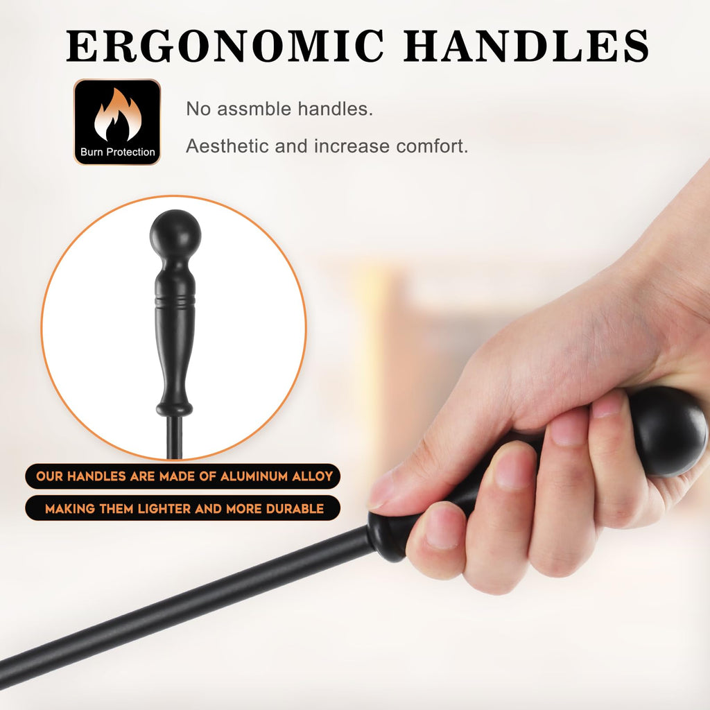 Fireplace Tools Set 5 Pcs 30.5 Inch Black Wrought Iron Large Fire Place Tool Set Indoor/Outdoor Include Poker