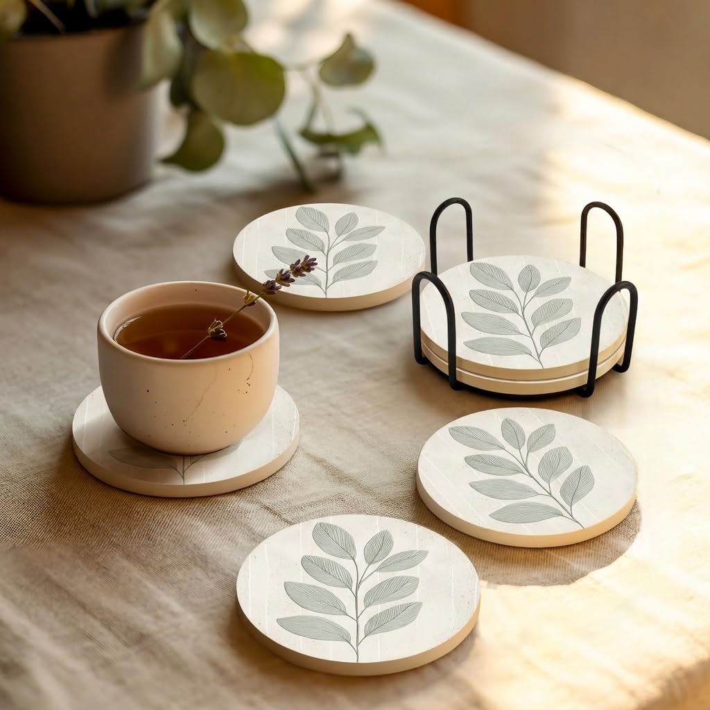 Absorbent Ceramic Stone Drink Coasters Set of 4 with Holder