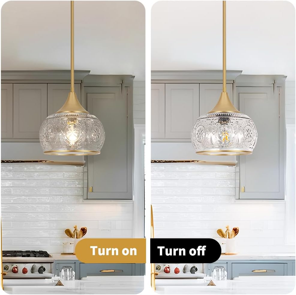 Gold Pendant Light - Modern Pendant Lights Kitchen Island with Handblown Glass, Vintage Hanging Light for Kitchen