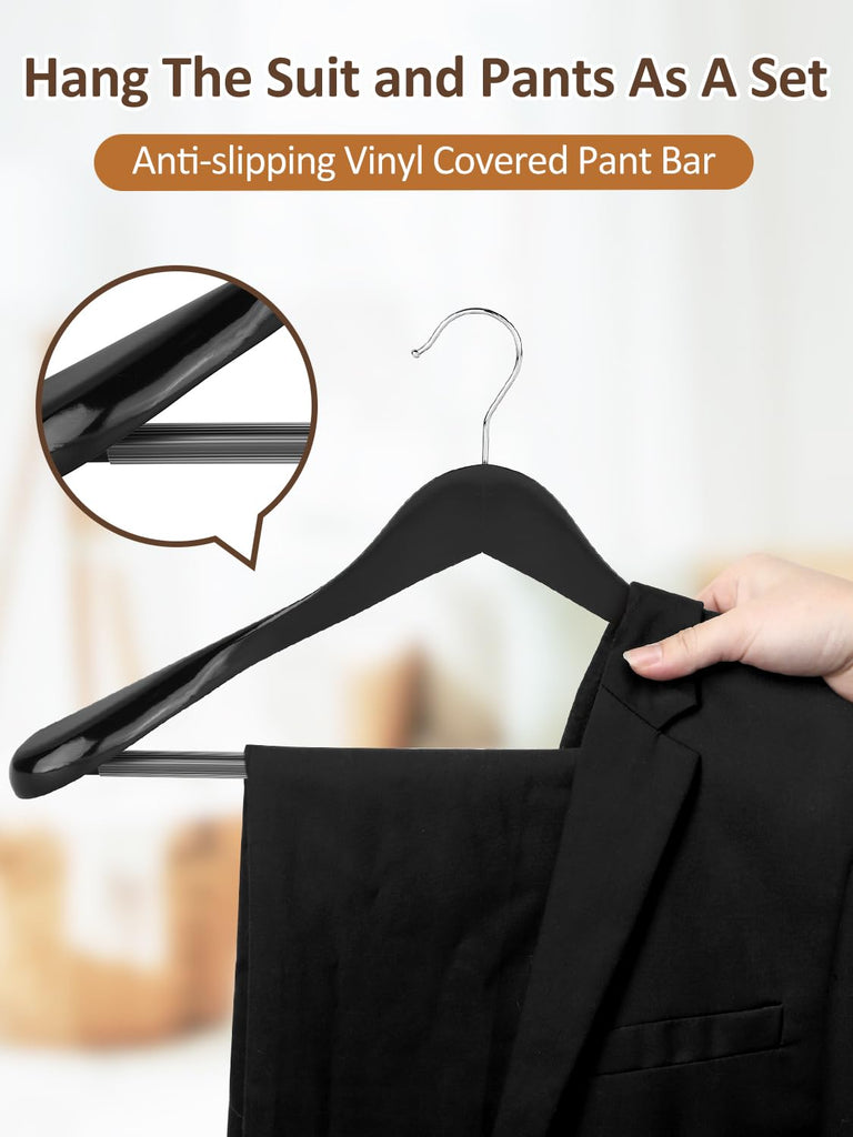 Wide Shoulder Wooden Hangers 8 Pack Coat Hangers with Non Slip Pants Bar, Heavy Duty Suit Hangers Wood Clothes