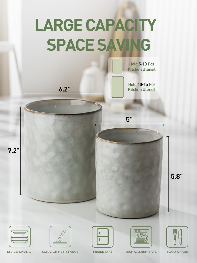 Ceramic Utensil Holder, 7.2"+5.8", Set of 2, Gray