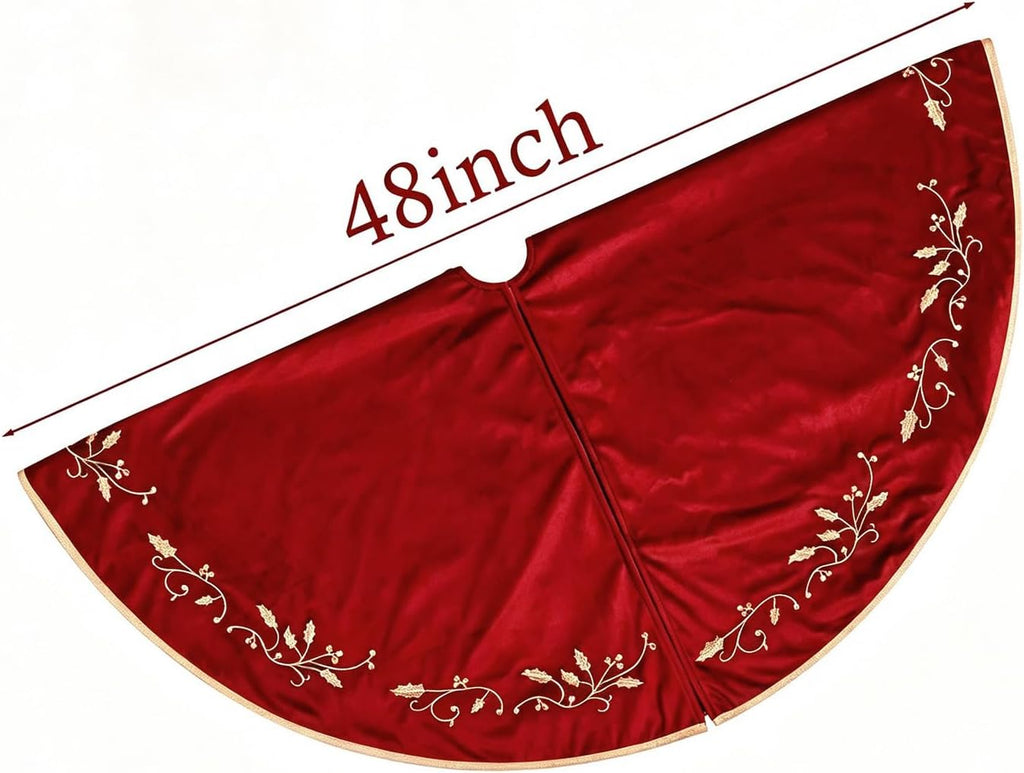 Christmas Tree Skirt, 48 inches Red Luxury Velvet Plush Fur Skirts with Gold Embroidered Holly Leaf for Rustic Xmas